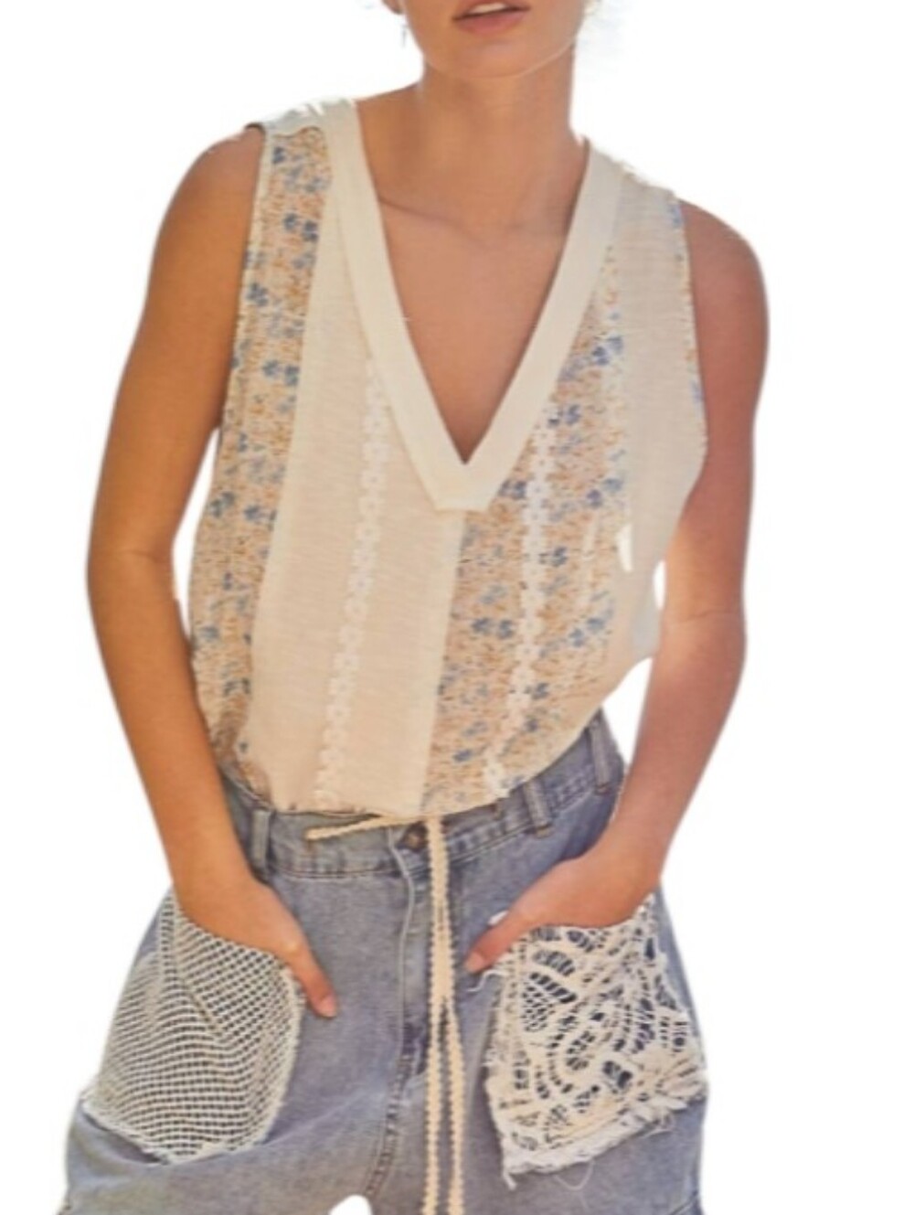 POL Sleeveless V-Neck Lace Trim Floral Knit Tank